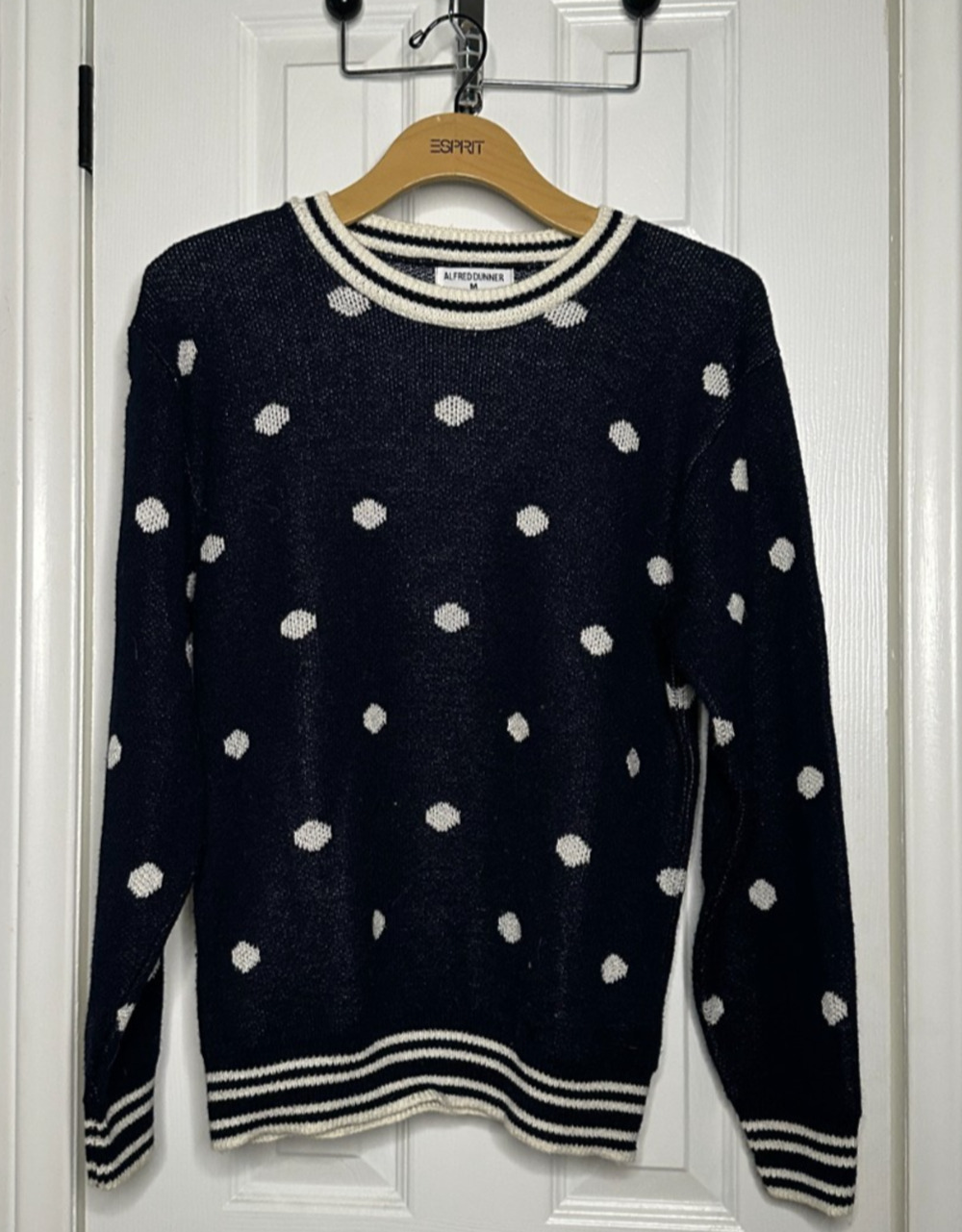 Vintage 80s-90s Alfred Dunner Navy + White Polka Dot Knit Sweater Made in USA M